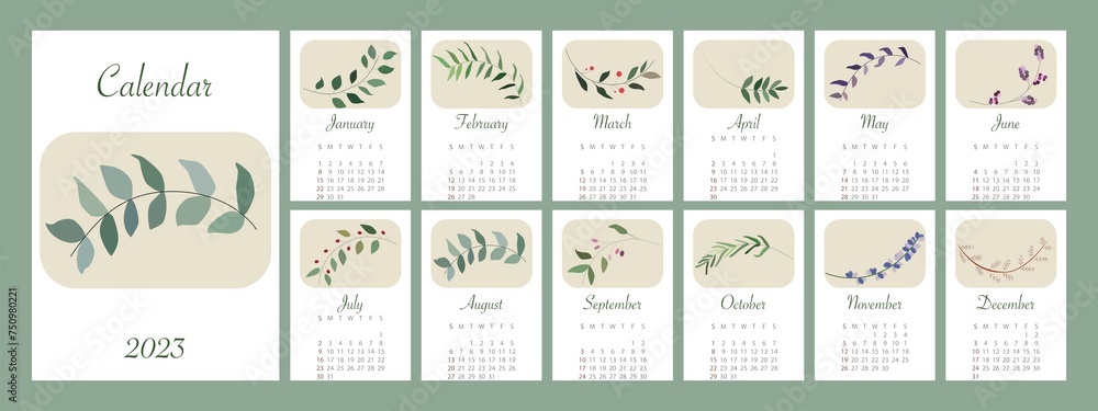Calendar for 2023. In the style of minimalism. With leaves and on a green background. The week starts on Sunday... - obrazy, fototapety, plakaty 