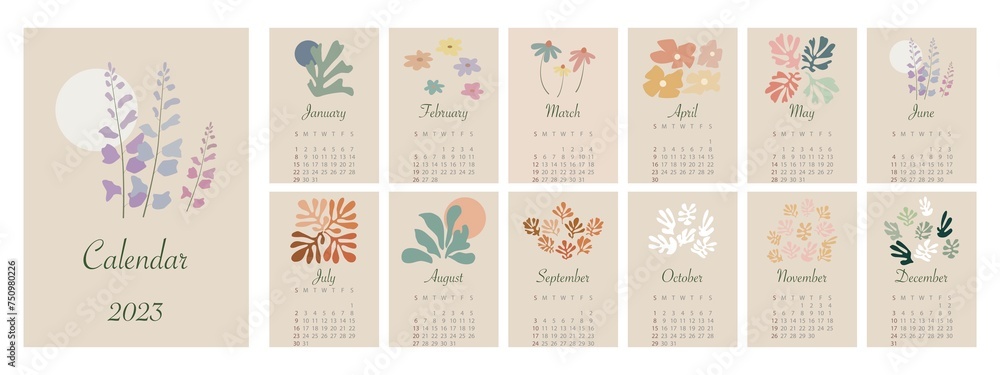 Calendar 2023. The week starts on Sunday. Minimalist wall calendar with spring flowers. In an abstract style... - obrazy, fototapety, plakaty 