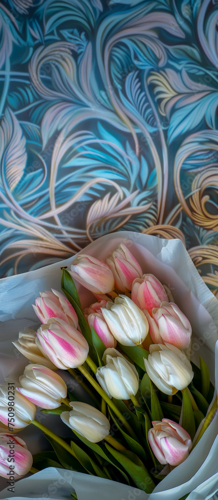 Vertical banner, bouquet of tulips gift for Mother's Day or spring flowers for International Women's Day, phone poster with copy space in art nouveau style