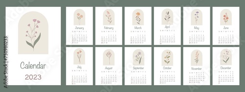 Flat calendar 2023. Floral design. The week starts on Sunday. A wall or table calendar in a minimalist style...