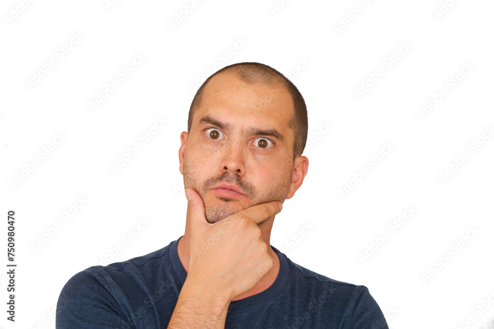 expressive bald man making hand gesture , interrogative expression expressive bald man making hand gesture , interrogative expression