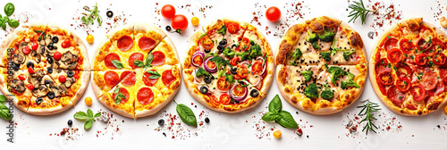 A border of different pizzas arranged in a line white isolated.
