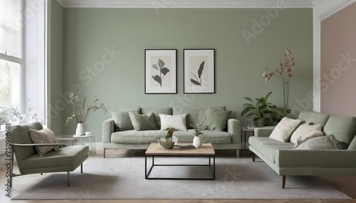 This lovely modern living room has a monochromatic sage-green wall with contemporary wall color and furnishings like a table, chair, and houseplants.