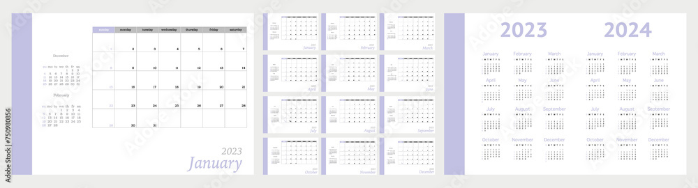 Flat calendar for 2023 and 2024. The week starts on Sunday. Wall calendar in a minimalist style on a light gray background. In purple color... - obrazy, fototapety, plakaty 