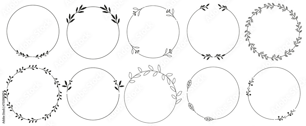 Flat set of black branches with leaves in a circle. A collection of wreaths for wedding invitations and decor. Decorative elements... Flat set of black branches with leaves in a circle. A collection of wreaths for wedding invitations and decor. Decorative elements...