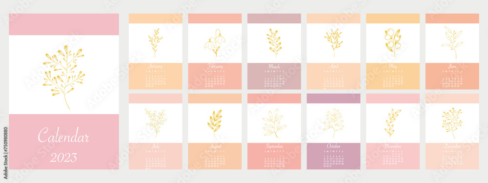 Flat illustration. Calendar for 2023. Botanical theme. Concept with abstract leaves and flowers in gold. Set from 12 months...