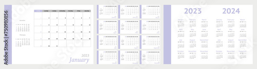 Flat calendar for 2023 and 2024. The week starts on Sunday. Wall calendar in a minimalist style on a light gray background. In purple color...