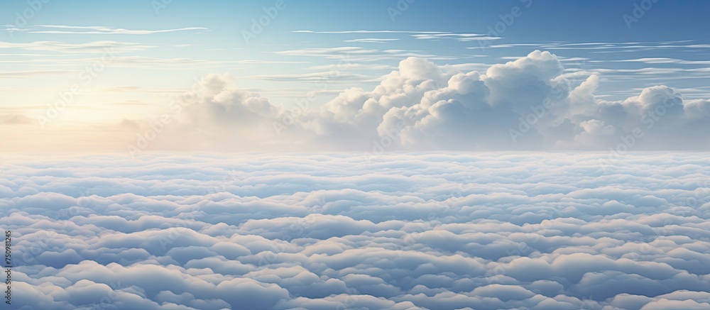 Naklejka premium Altocumulus clouds are visible through an airplane window. The clouds are compact and located midway in the sky. The view is from a high altitude, showcasing the layering and texture of the clouds.