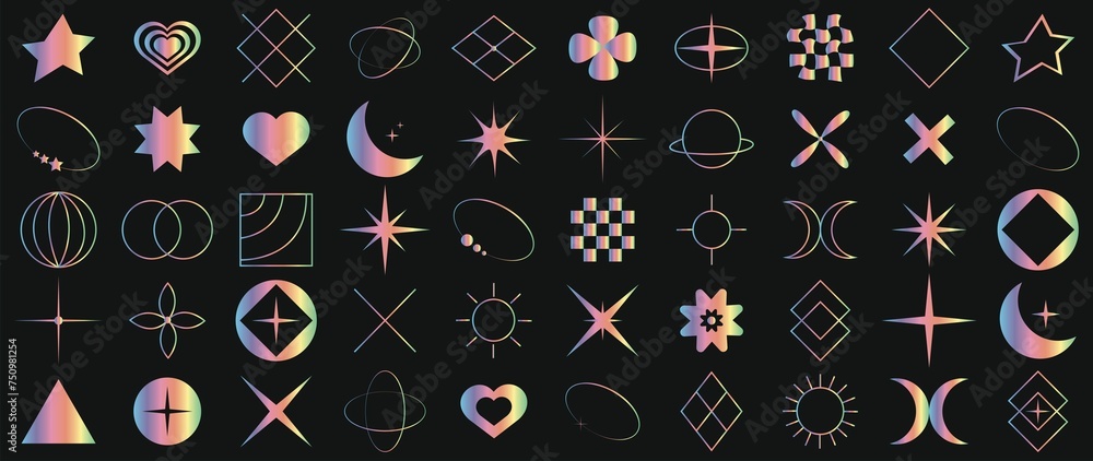 Flat icons on a black background. Collection of abstract geometric symbols in rainbow gradient. y2k style. Elements for designing notes, posters, stickers, logos, business cards... Flat icons on a black background. Collection of abstract geometric symbols in rainbow gradient. y2k style. Elements for designing notes, posters, stickers, logos, business cards...