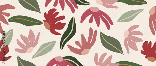Flat seamless background. Abstract floral pattern. Modern print of pink flowers and green leaves on a light background. Ideal for textile design  screensavers  covers  invitations and posters..