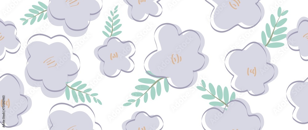 Flat seamless background. Abstract purple flowers with leaves on a light background. Modern fashion print. Perfect for textile design, backgrounds, screensavers, posters, cards and invitations...