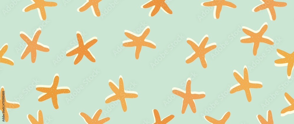 Flat seamless summer background. Orange starfish on a turquoise background. Summer sea animals background design. Suitable for screensavers, textile design, cards, invitations and wallpapers.. Flat seamless summer background. Orange starfish on a turquoise background. Summer sea animals background design. Suitable for screensavers, textile design, cards, invitations and wallpapers..