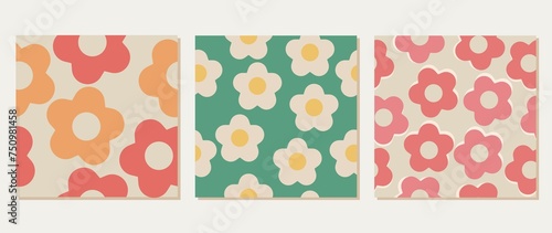 Flat set of three abstract square seamless patterns. Floral retro design of the 70s. Perfect for textile, cover, card, poster and screensaver..