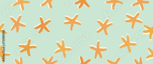 Flat seamless summer background. Orange starfish on a turquoise background. Summer sea animals background design. Suitable for screensavers, textile design, cards, invitations and wallpapers..