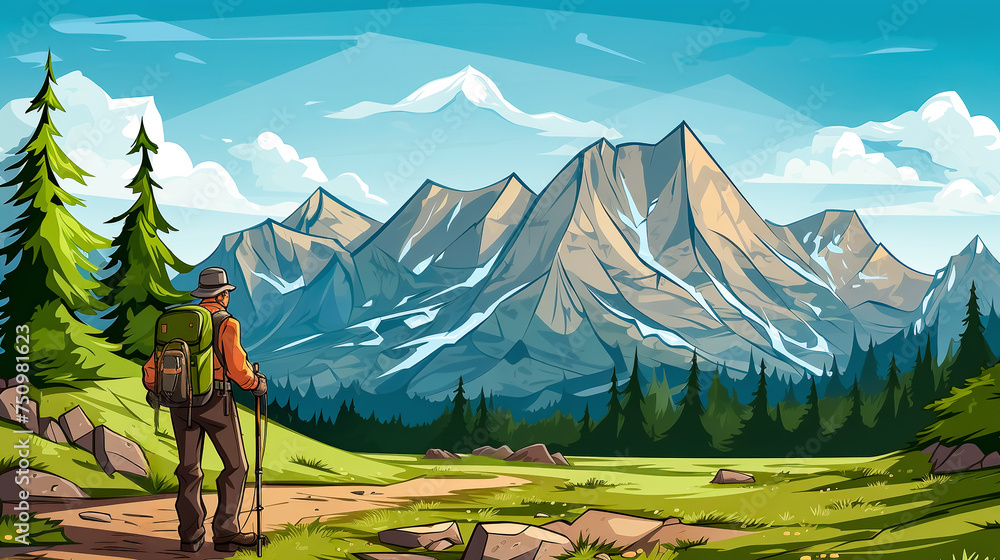A man with a backpack stands against the backdrop of a mountain landscape. Concept of a greeting card for Geologist's Day.