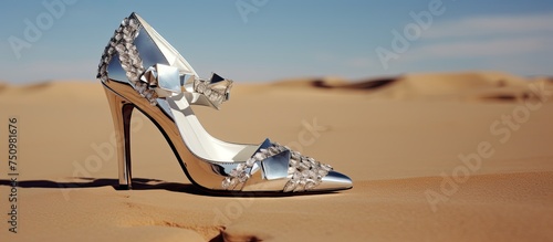 A pair of silver high heeled shoes are placed neatly on the sandy desert surface. The shoes stand out against the textured sand, creating a stark visual contrast.
