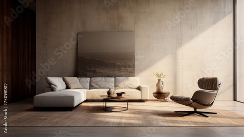 A spacious living room with a textured wall finish  a large rug  and a modern armchair