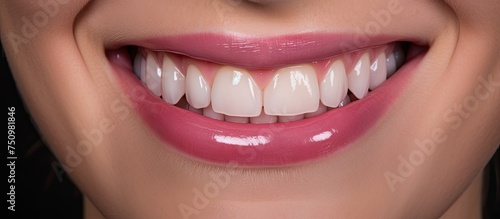 A detailed view of a womans mouth showcasing her white teeth and bright smile. The image focuses on the dental appearance and oral health of the individual.