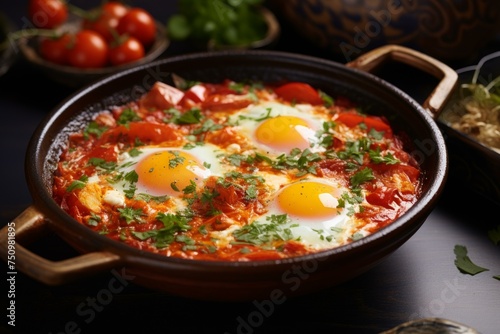 Shakshouka arabic. Egg tomato dinner. Generate Ai