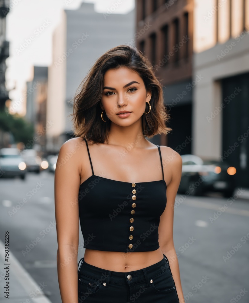 a young woman with a medium complexion and tousled brunette hair. She has defined eyebrows, captivating eyes, and subtle makeup. She is wearing a black crop top with thin straps and high-waisted black