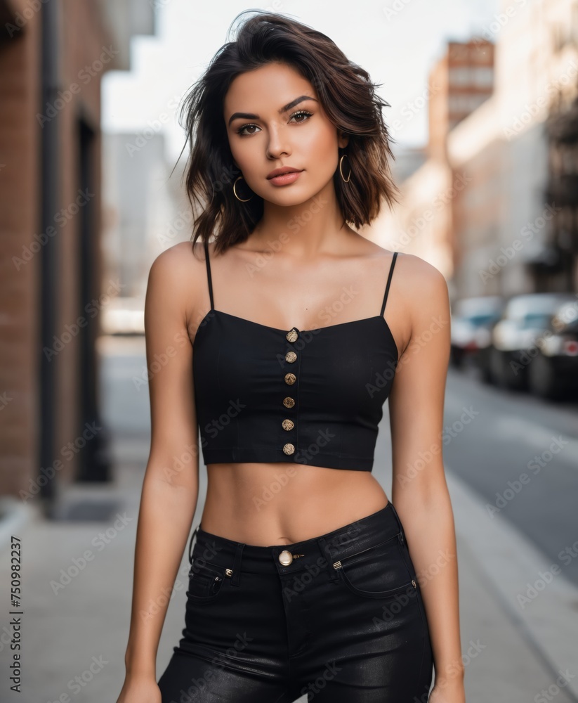 a young woman with a medium complexion and tousled brunette hair. She has defined eyebrows, captivating eyes, and subtle makeup. She is wearing a black crop top with thin straps and high-waisted black