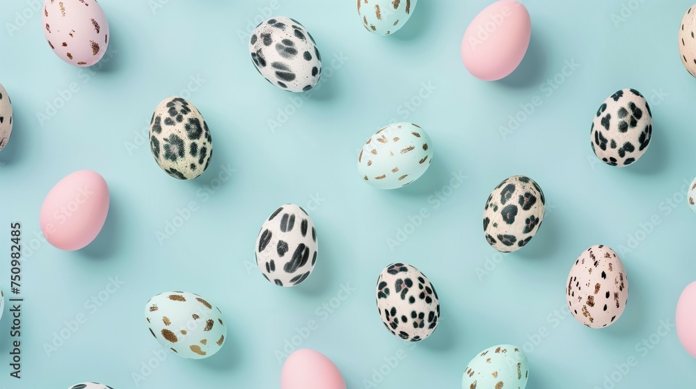 Seamless Easter eggs pattern. Animal print on Easter egg in pastel colors. Minimal Easter concept. Seamless Easter eggs pattern. Animal print on Easter egg in pastel colors. Minimal Easter concept.