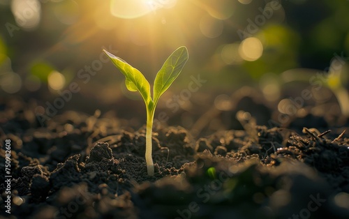 Sprouting Seedling in Soil: A close-up view of a young seedling sprouting from the soil, with the sun shining from behind. © Dina