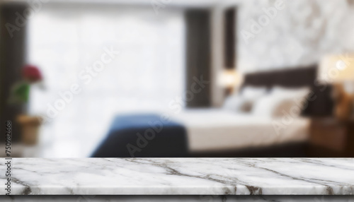 Empty marble table top with blurred bedroom background. For product display montage