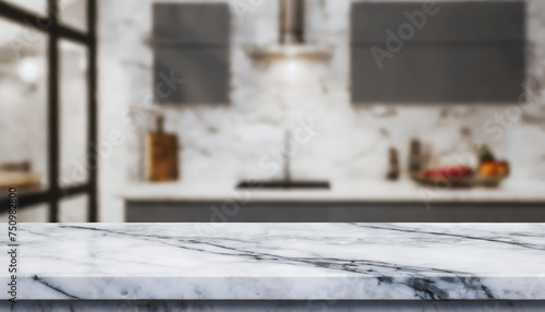 Empty marble table top with blurred kitchen background. For product display montage