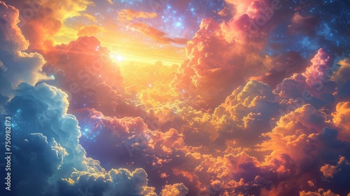 Vibrant cosmic clouds with radiant rainbow colors. Ethereal skyscape blending sunlight and starlight. Concept of celestial cloudscape, cosmic beauty, celestial drama, harmony of opposites