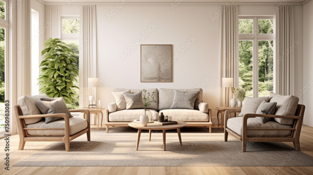 A spacious living room with an eco-friendly loveseat, armchairs and end table made from natural fabrics A spacious living room with an eco-friendly loveseat, armchairs and end table made from natural fabrics