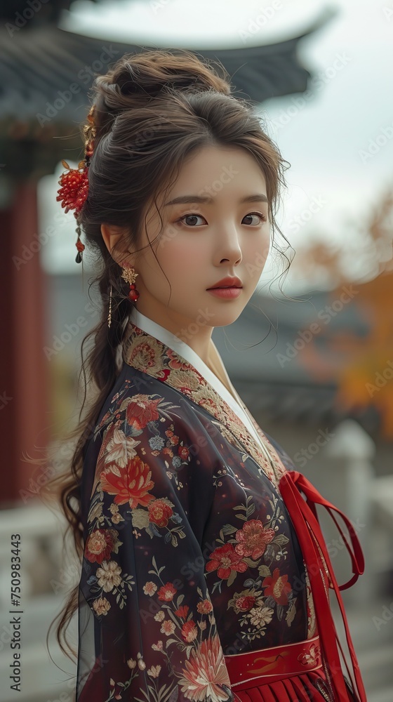 beautiful korean young woman wearing traditional dress Hanbok from Korea in front of the church