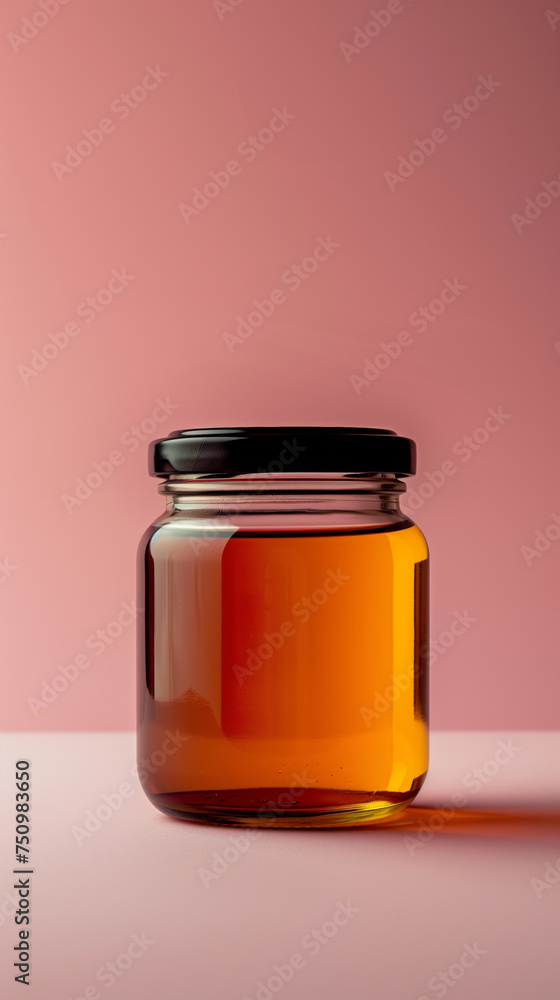 Jar of honey with label on a pink background . Front view. Jar of honey with label on a pink background . Front view.