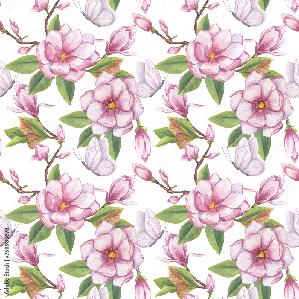 Pink magnolia seamless pattern. Branch flower, buds, leaves, white butterfly. Blooming floral clipart. Hand drawn watercolor illustration background. For fabric, textiles, packaging, wallpaper Pink magnolia seamless pattern. Branch flower, buds, leaves, white butterfly. Blooming floral clipart. Hand drawn watercolor illustration background. For fabric, textiles, packaging, wallpaper
