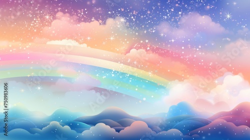 Pastel Sky Over Fluffy Clouds With Rainbow at Twilight