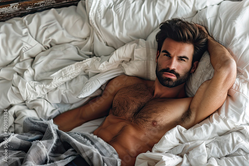 topview of shirtless muscular young man in bed