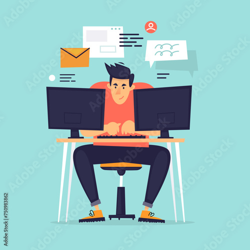 Programmer sits behind two monitors. Businessman has a lot of work. Flat illustration