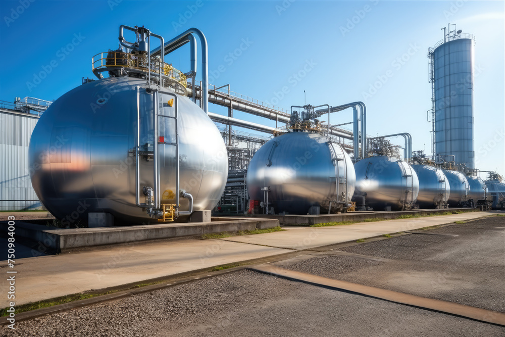 Industrial stainless steel tanks and piping at a processing plant under ...