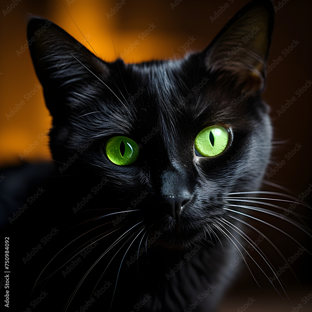 Portrait of a Glossy Black Cat with Bright Green Eyes Displaying a Regal Demeanor
