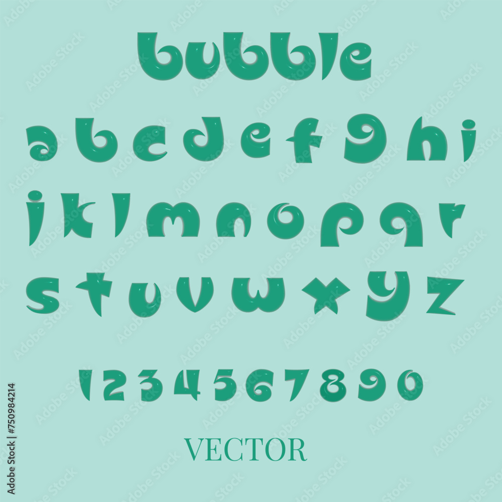 3D bubble font alphabet and numbers in y2k style. Turquoise inflated type text isolated on background. Vector realistic
