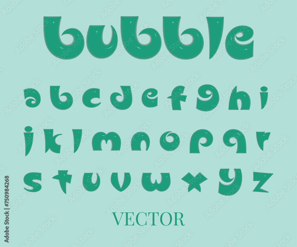 3D bubble font alphabet in y2k style. Turquoise inflated type text isolated on background. Vector realistic 3D bubble font alphabet in y2k style. Turquoise inflated type text isolated on background. Vector realistic