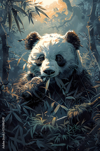 Terrestrial animal, panda bear, dining on bamboo leaves in nature