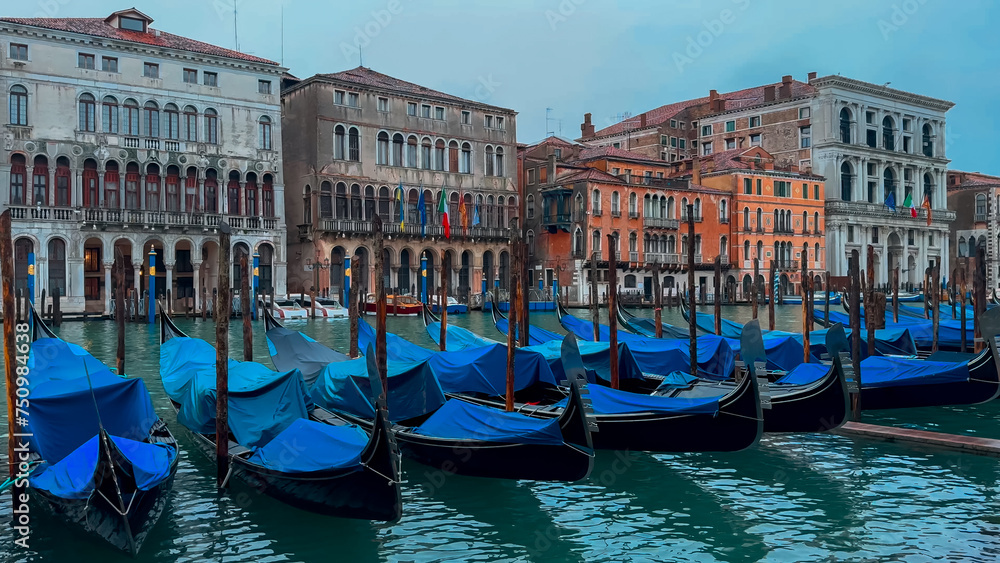Medieval houses, narrow canals, bridges and gondolas in Venice, Italy, February 10, 2024.