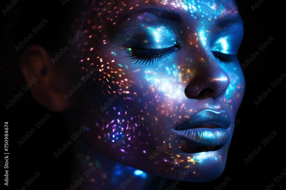 portrait of a woman with decorative and artistic makeup on her face with glow and gloss portrait of a woman with decorative and artistic makeup on her face with glow and gloss