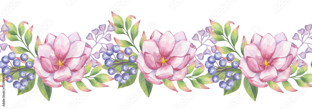 Seamless endless border pink magnolia, blue berries, green leaves foliage, butterfly. Hand drawn watercolor illustration background. For printing on fabric, textiles, packaging, wallpaper.