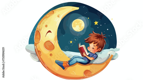 Child reading a book on the Moon isolated on white b