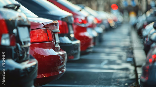  A row of parked cars lining a city street, with the glow of brake lights in a shallow depth of field.