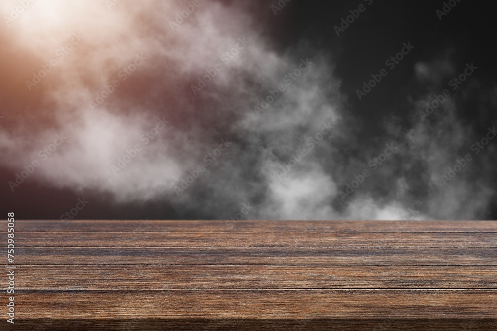 Empty blank wooden table with white smoke and light