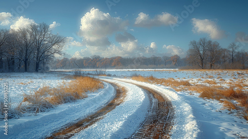 Dirt road leading to frosted woodland along snowy farmland under blue sky with white fluffy clouds.