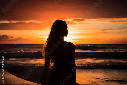 Surfer girl with surfboard on the beach at sunset, silhouette